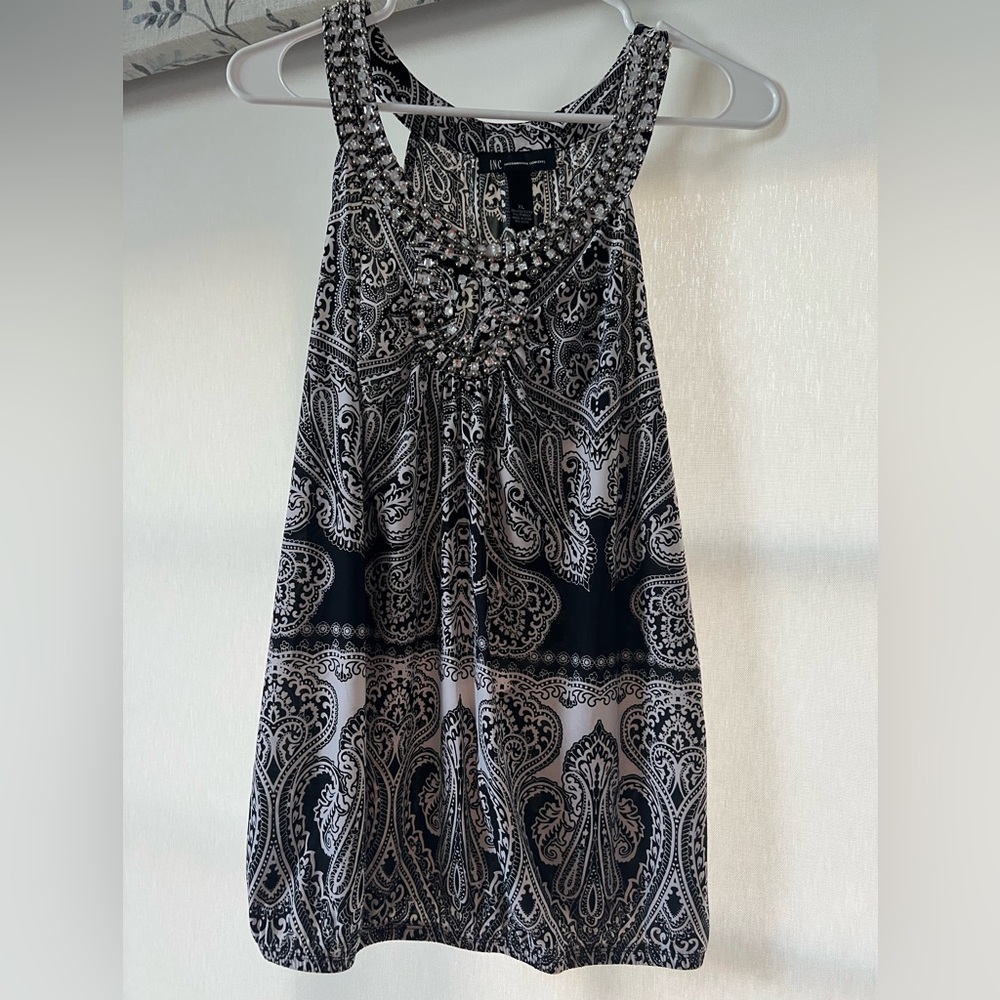 Black and White Paisley Tank with Jeweled Neckline